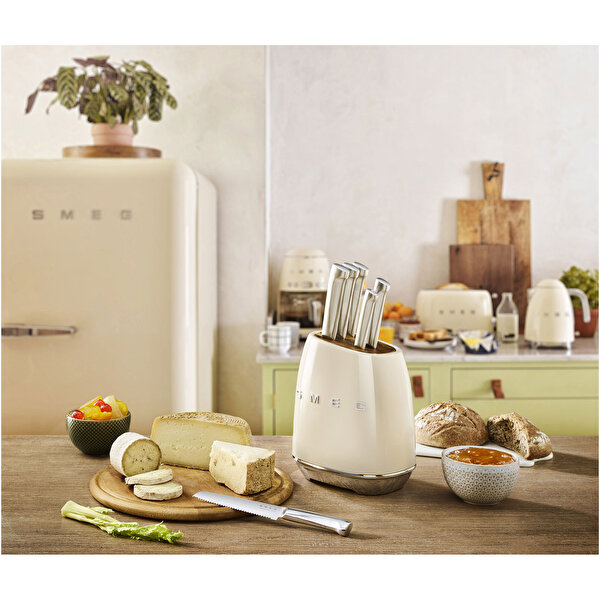 Smeg Krem Paslanmaz Çelik Standlı Bıçak Seti-1
